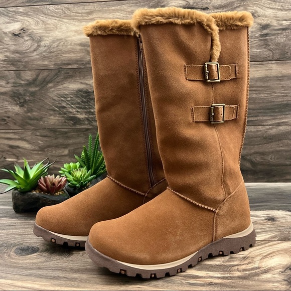 NIB Skechers Grand Jams Snowdrop Mid Calf Winter Boots Chestnut Suede - Picture 4 of 14